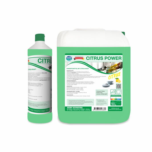 Zu sehen sind zwei Arcora CITRUS POWER HANDSPÜLMITTEL der Arcora International GmbH: links eine 1-Liter-Flasche mit grünen Akzenten und rechts ein 10-Liter-Rechteckkanister, beide mit der Aufschrift für kraftvolles Spülen.