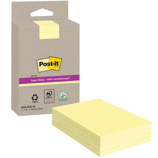 Abgebildet ist eine Packung Post-it® Super Sticky 100% Recycling Notes der 3M Deutschland GmbH (gelb, liniert, 102 x 152 mm, 45 Blatt/Block, 4 Blöcke/Packung) mit PEFC (SGSCH-PEFC-COC-110078) brauner Verpackung und gelbem Etikett.