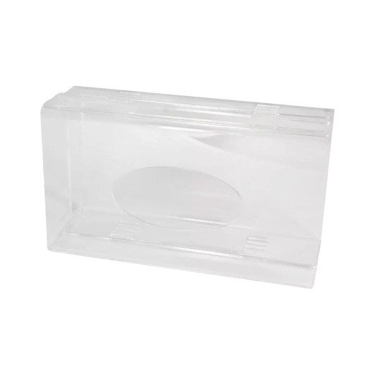 Ein transparenter, milchiger Acryl Einmalhandschuh Spender (250 x 135 x 55-90 mm) der AMPri Handelsgesellschaft mbH wird geschlossen und leer mit einem Klappdeckel vor einem schlichten weißen Hintergrund gezeigt, ideal für die organisierte Aufbewahrung von Handschuhen.