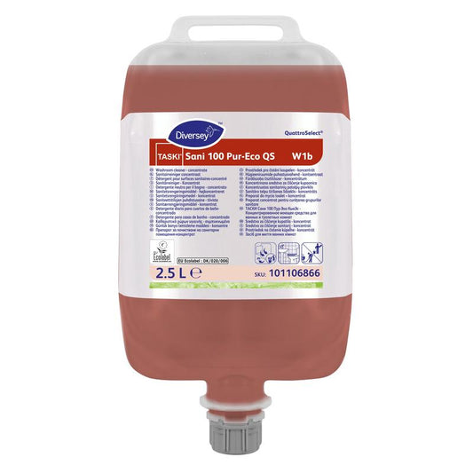 Ein 2,5L TASKI Sani 100 Pur-Eco Sanitärreiniger von Diversey, pH-neutral, EU-umweltzertifiziert, ideal für Marmorreinigung, mit Tragegriff, Ausgusskappe und mehrsprachigem Etikett.
