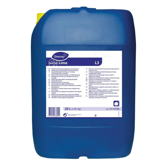 Ein großer blauer 20-Liter-Kunststoffbehälter Diversey Suma Lima L3 Geschirrreiniger mit Bleiche (Diversey Deutschland GmbH & Co. OHG) mit weißem mehrsprachigem Etikett und gelbem Deckel, geeignet für mittelhartes bis hartes Wasser.