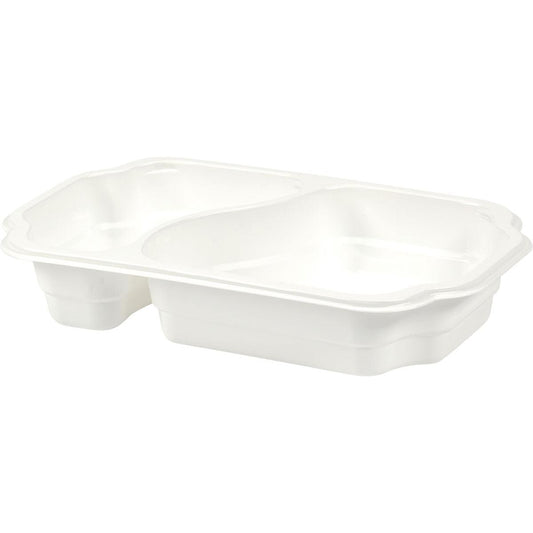 Eine weiße, rechteckige PP-Schale Take-Away 250x159x45 mm von Duni GmbH mit zwei Fächern, lebensmittelecht, Verpackung mit 246 Stück - ideal für Snacks, aus leicht erhöhter Perspektive vor neutralem Hintergrund.