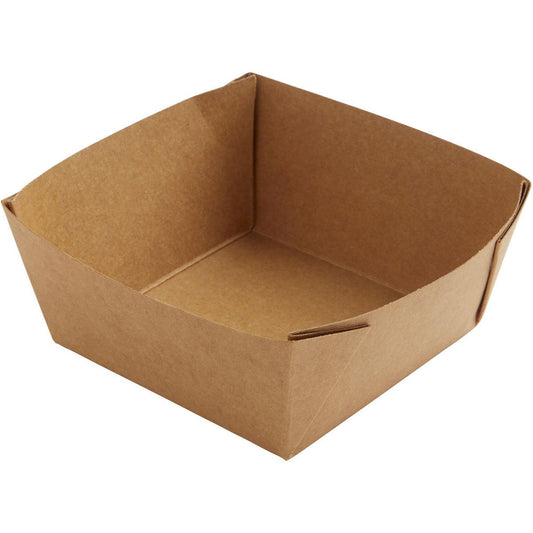 Eine umweltfreundliche Duni GmbH Viking Cube Low Box, Braun Karton/PE, 113x113x50 mm Lebensmittelschale (Packung 300 Stück), mit umgeschlagenen Ecken, schräg von oben dargestellt - ideal als nachhaltige Verpackungslösung.