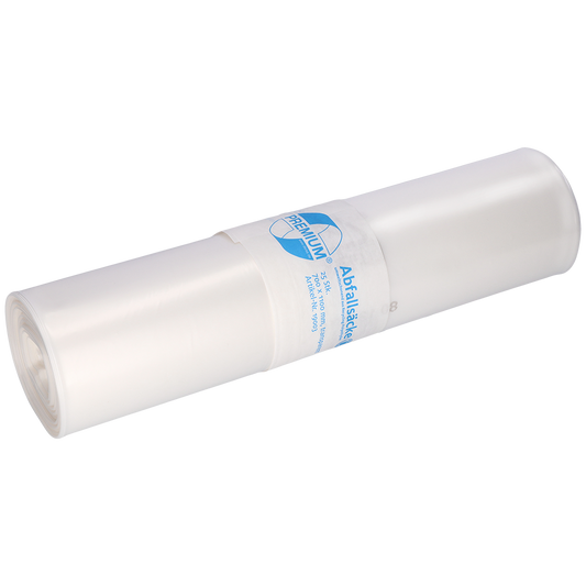 Abgebildet ist eine Rolle EMIL DEISS KG (GmbH + Co.) DEISS 19003 Müllsäcke (700x1100x0,06 mm, transparent, 25 Stück) mit einer etikettierten Umhüllung mit blauem Logo auf weißem Hintergrund.