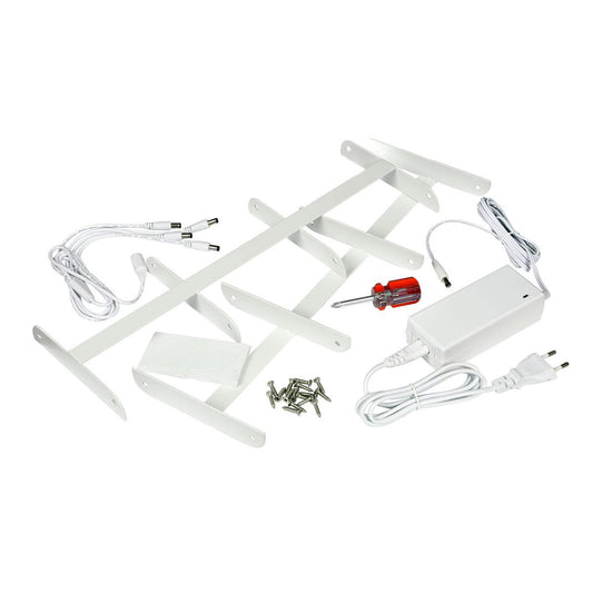 Die Duni GmbH LED Ladestation für 4 Sets - Mini Lampe mit effizienter Beleuchtung (1 Stück) samt Halter, Schrauben, Kabeln, Netzteil und Montagematerial zeigt platzsparendes Design auf weißem Hintergrund.