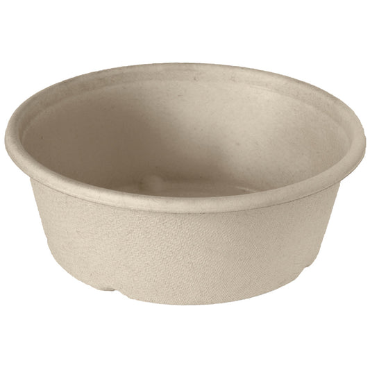 Die Classic Bowl 600 ml von Duni GmbH aus unbeschichtetem Braun Bagasse (154x154x56 mm, 40 Stück/Packung) ist eine umweltfreundliche Einwegschüssel in Beige und rund, leer vor weißem Hintergrund präsentiert.