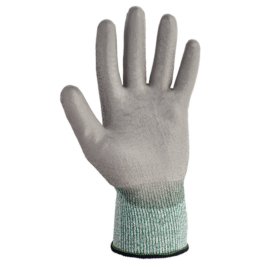 Die KleenGuard® G60 Endurapro™ schnittfeste Handschuhe Level 3 von Kimberly-Clark GmbH in Grau besitzen eine strukturierte Oberfläche und ein grün-weißes Strickbündchen; sie werden aufrecht mit ausgestreckten Fingern präsentiert.