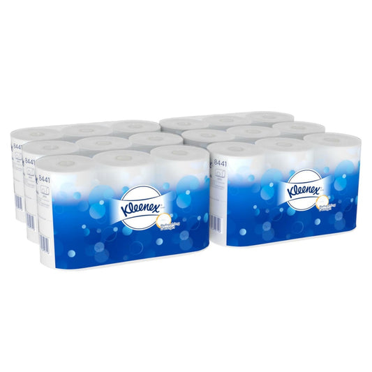 Kleenex® Toilettenpapier von Kimberly-Clark GmbH enthält 6 Packungen mit je 6 weißen Rollen (600 Blatt pro Rolle), also insgesamt 36 Rollen pro Karton. Die blaue Verpackung zeigt das Kleenex-Logo und weiße Luftblasenmotive.