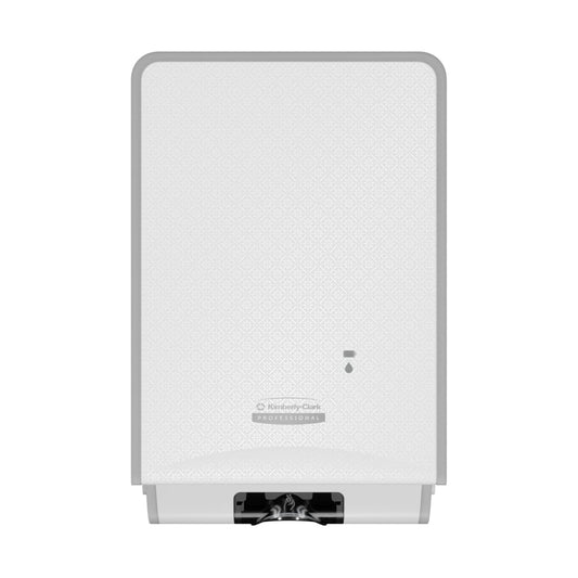 Ein weißer Kimberly-Clark Professional™ Icon™ elektronischer Hautpflegespender (1,2 l) mit berührungsloser Abgabe im White Mosaic Design - ideal für hygienische Handpflege in öffentlichen Bereichen.