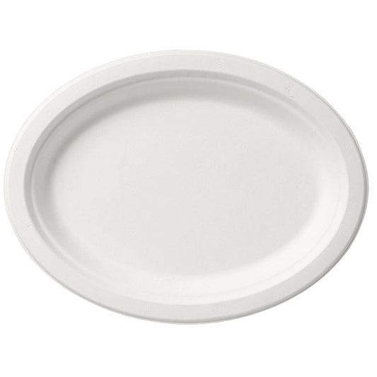 Der unbeschichtete, weiße Teller "Teller oval 26 cm Weiss" der Duni GmbH (Bagasse, 260x200x20 mm) vor weißem Hintergrund in der Draufsicht - leer, umweltfreundlich und perfekt für den nachhaltig gedeckten Tisch. Packung: 125 Stück.
