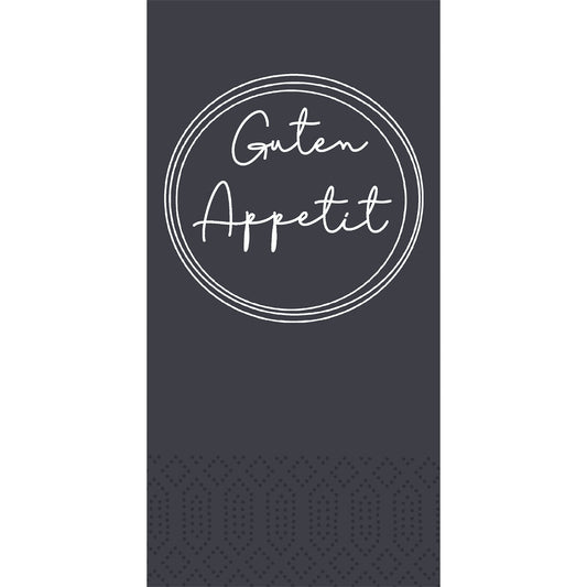 Dunkelgraues, rechteckiges Design mit kreisförmigem Doppelrand und handgeschriebenem "Guten Appetit" in der Mitte, dazu ein dezentes Punktmuster - ideal für Duni GmbH Zellt.-Serv. 33 cm 2lagig 1/8-Falz Appetit schwarz Servietten (Packung: 300 Servietten).