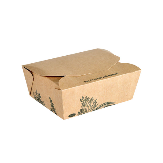 Die Alga Box 1200ml 120x110x62mm, braun | Karton von Duni GmbH ist eine geschlossene braune Box mit schwarzen botanischen Illustrationen und "Hey! Ich bin mit Algen bedeckt!" auf der oberen Klappe - eine umweltfreundliche Verpackung für Lebensmittel zum Mitnehmen.