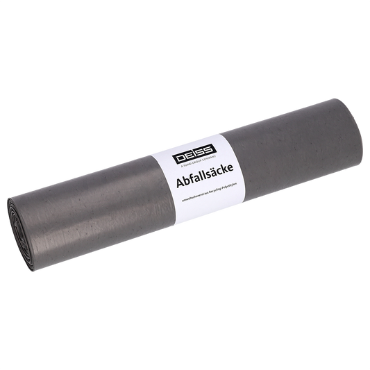 Eine aufgerollte Packung der EMIL DEISS KG (GmbH + Co.) DEISS Müllsäcke Typ 60, 70L, 575x1000 mm, aus Recycling-LDPE mit weißem Etikett.