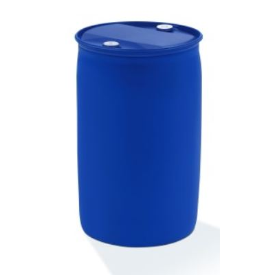 Ein großes blaues Kunststofffass mit zwei kleinen weißen Kappen auf dem Deckel, das den Dr. Schnell ASK INDUSTRIEREINIGER der DR.SCHNELL GmbH & Co. KGaA, steht aufrecht auf weißem Grund - ideal für die professionelle und industrielle Reinigung.