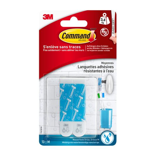 Eine Packung 3M Command™ Strips 17021B (Größe M, 10/Packung) von 3M Deutschland GmbH, zeichnet sich durch Wasserfestigkeit und eine mehrsprachige Anleitung (Französisch & Deutsch) in einer blau-weißen Verpackung mit zwei sichtbaren weißen Streifen aus.
