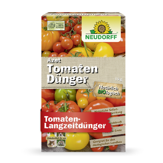 Eine rechteckige Schachtel Azet TomatenDünger von Neudorff Shop mit Tomatenbildern, Branding und deutschem Text unterstreicht die organische Formel für langfristige Düngung und reiche Tomatenernte.