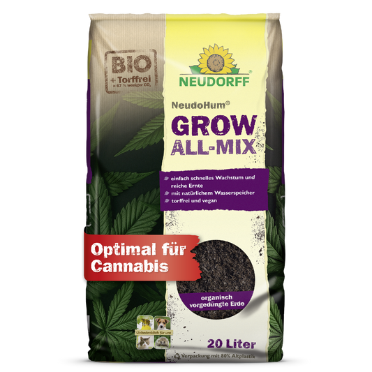 Ein 20-Liter-Sack Neudorff Shop NeudoHum Grow All-Mix-Erde ist in einer braunen, lila und gelben Verpackung mit der Aufschrift "Optimal für Cannabis" abgebildet, die schnelles Wachstum, organische Mischung und verbesserte Blütenbildung mit Cannabisblättern hervorhebt.