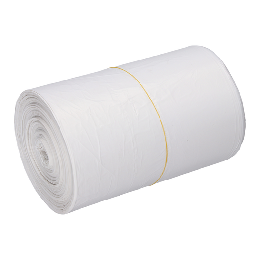 Eine Rolle EMIL DEISS KG (GmbH + Co.) DEISS 56820 Müllsäcke (540x580x0,011 mm, weiß) ist straff gewickelt und mit einem gelben Gummiband auf weißem Grund gesichert - ideal für eine effiziente Abfallentsorgung.