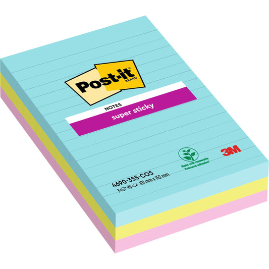 Ein Stapel gefütterter Post-it® Super Sticky Notes im Großformat (101 mm x 152 mm, 90 Blatt/Block, 100% PEFC) der 3M Deutschland GmbH in umweltfreundlicher Verpackung.