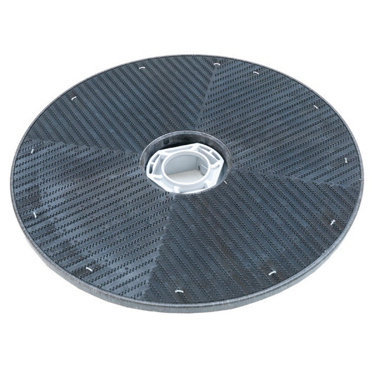 Der Diversey Führungssteller Harpoon-Grip (43 cm) ist ein runder, strukturierter, schwarzer Pad-Halter mit zentraler weißer Nabe zur Verwendung mit Reinigungs- und Polierpads, kompatibel mit swingo 1850 & 4000, abgebildet auf weißem Hintergrund. Packung: 1 Stück.