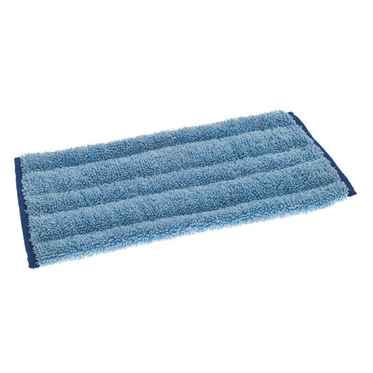 Der TASKI Jonmaster Ultra Damp Mop, blau von Diversey Deutschland GmbH & Co. OHG ist ein rechteckiges blaues Mikrofaser-Wischpad mit strukturierten, flauschigen Fasern und dunkelblauer Kante, flach auf weißem Hintergrund abgebildet.