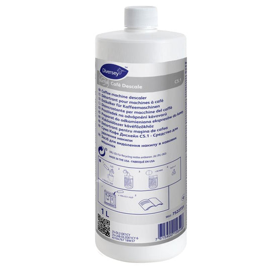 Die weiße 1-Liter-Flasche Diversey Deutschland Suma Café Descale C5.1 Kaffeemaschinentkalker mit blauem Etikett und weißem Schraubverschluss ist für die Entfernung von Kalkablagerungen in professionellen Küchenkaffeemaschinen bestimmt.