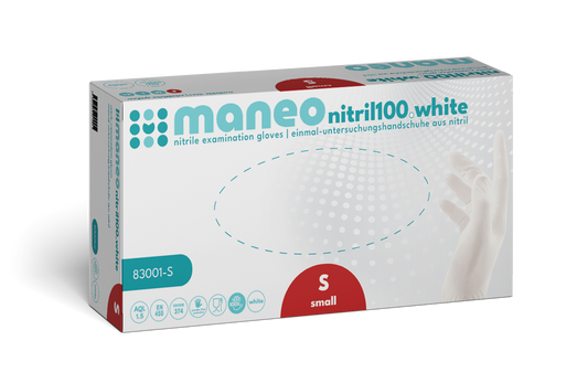 Eine rechteckige Schachtel MANEO Nitril-Handschuhe, hygienisch und strapazierfähig der ARNOWA GmbH in der Größe small zeigt ein blau-weißes Design mit Produktangaben und der Abbildung einer behandschuhten Hand auf der Vorderseite.