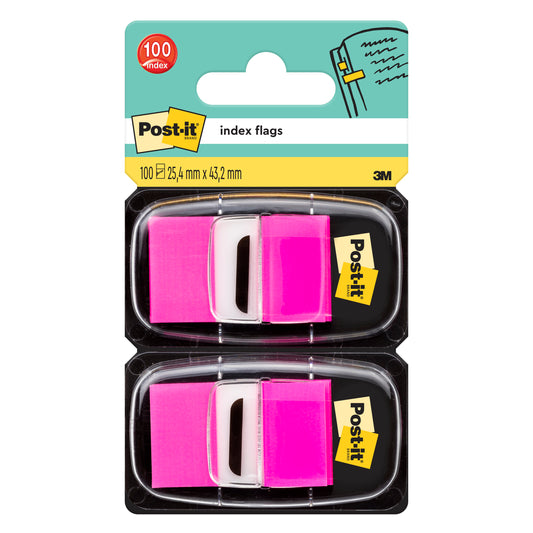 Eine Packung Post-it® Index Haftstreifen der 3M Deutschland GmbH enthält zwei Spender mit je 50 pinkfarbenen Fähnchen (25,4 mm x 43,2 mm), also insgesamt 100 Fähnchen. Das 3M Logo befindet sich unten rechts.
