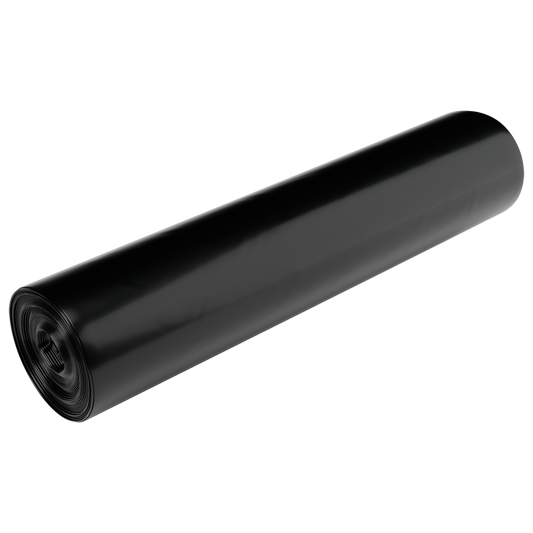 Eine Packung EMIL DEISS KG (GmbH + Co.) DEISS 95467 Müllsäcke Typ 60 schwarz, 600x700 mm (25 Stück), ist vor einem schlichten weißen Hintergrund abgebildet. Die straff gewickelten Müllsäcke haben eine glatte, glänzende Oberfläche.