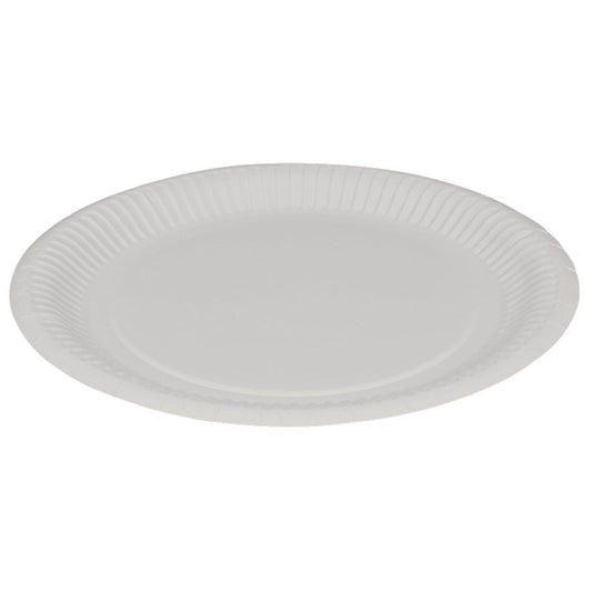 Ein Pappteller, flach ø 23 cm in Weiß von Abena Re-Seller GmbH (Packung mit 50 Stück), ist gegen weißen Hintergrund gezeigt - umweltfreundlich und ideal für jede Gelegenheit.