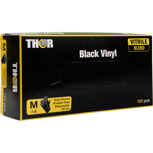 Eine schwarz-gelbe Schachtel mit der Aufschrift "Thor Black Vinyl, Vitrile Blend, Puderfrei" der Abena Re-Seller GmbH enthält 100 mittelgroße, puderfreie Einweghandschuhe. Die Verpackung zeigt die Vitrilmischung und enthält Größenangaben sowie Produktbilder.