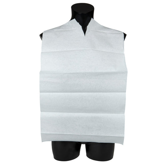 Ein weißer Speiselatz Einweg Blau/Weiß o.Tasche (38x70 cm) von Abena Re-Seller GmbH bedeckt Brust und Schultern eines schwarzen Schaufensterpuppen-Torsos und verfügt über eine Halsaussparung für sicheren Sitz. Packung: 100 Stück.