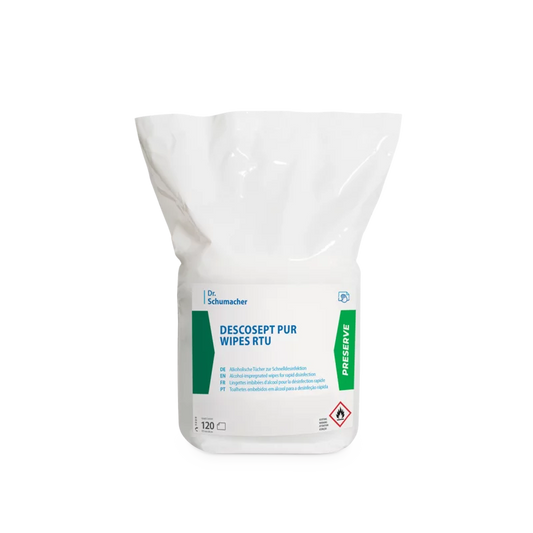 Die weiße Kunststoffpackung der Dr. Schumacher Descosept Pur Wipes RTU Desinfektionstücher (120 Stück) der Dr. Schumacher GmbH hat blaue und grüne Akzente sowie Sicherheits- und Anwendungshinweise für Schnelldesinfektion auf der Verpackung.