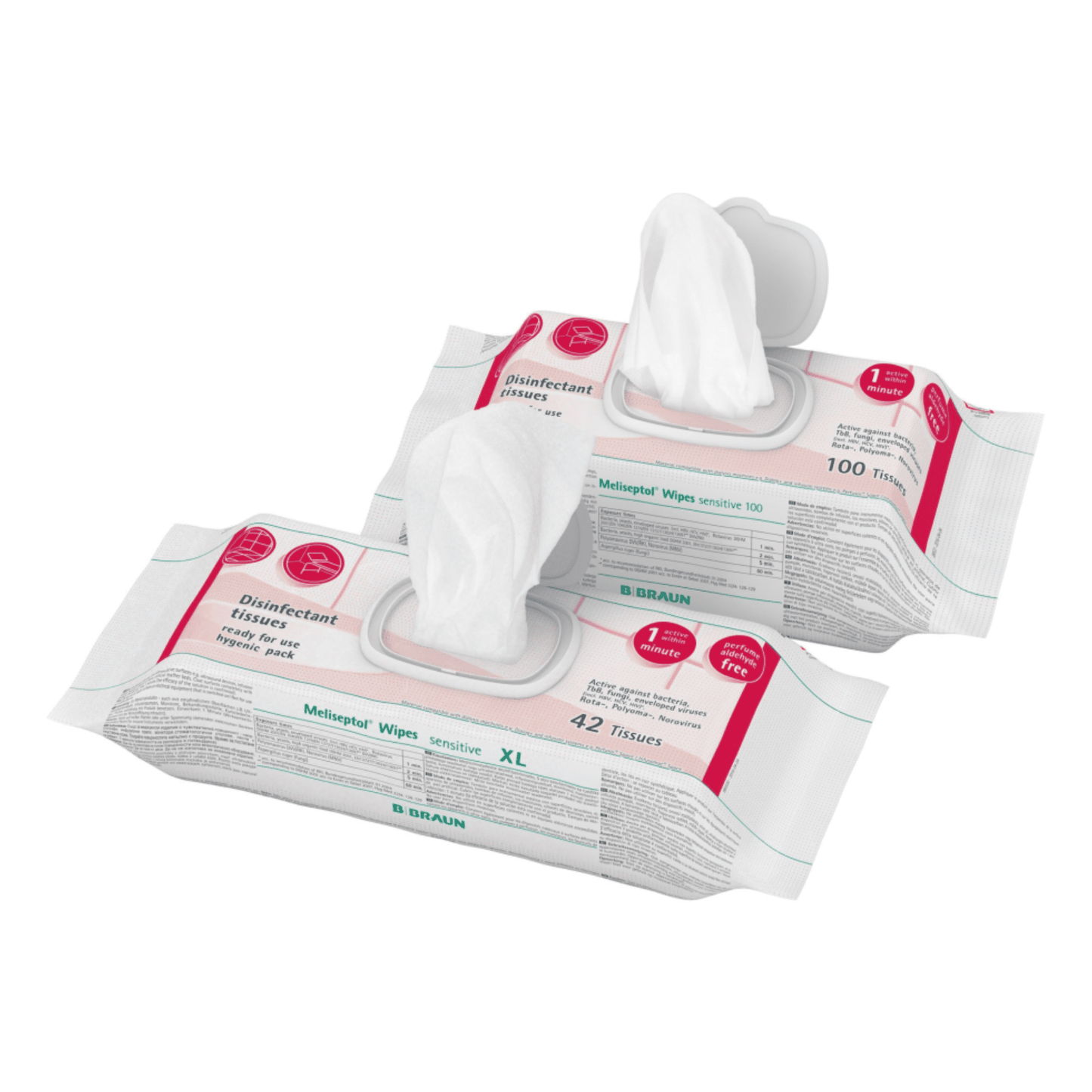 Potrzebne będą dwa opakowania B. Braun Chusteczki dezynfekujące Meliseptol® Wipes sensitive. Pierwsze opakowanie, oferowane przez B. Braun Deutschland GmbH & Co. KG – pierwsze opakowanie zawiera 100 chusteczek, a drugie, oznaczone jako XL, zawiera 42 chusteczki. Oba opakowania są białe i opatrzone nadrukiem z tekstem oraz logo. Idealne do szybkiej dezynfekcji; w każdym opakowaniu znajduje się częściowo wyciągnięta chusteczka, co ułatwia dostęp.