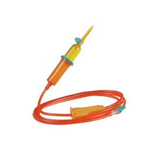 Das B.Braun Intrafix® SafeSet UV Protect Premium-Infusionsgerät der B. Braun Deutschland GmbH & Co. KG ist ein orangefarbenes Infusionsset, das sich durch eine transparente Kammer und Nadel auszeichnet, die mit einem flexiblen orangefarbenen Schlauch verbunden ist. Es ist perfekt für Druckinfusionen oder Schwerkraftinfusionen geeignet und verfügt über einen Durchflussregler und eine grüne Kappe an einem Ende.