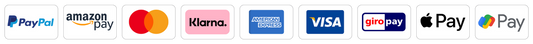 Ein Banner mit Logos verschiedener Zahlungsmethoden: PayPal, Amazon Pay, Mastercard, Klarna, American Express, Visa, Zip Pay, Apple Pay und Google Pay. Jedes Logo befindet sich auf einem weißen Quadrat mit einem dünnen schwarzen Umriss.