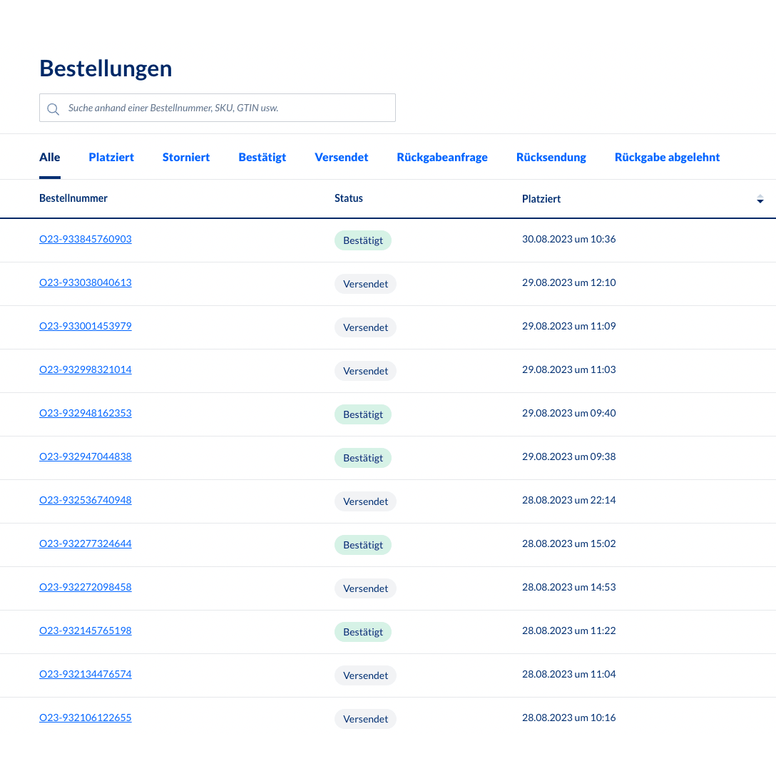 Zrzut ekranu systemu zarządzania zamówieniami backend Altruan MetroSync: Metro Market do Weclapp Przetwarzanie zamówień, pokazujący tabelę z numerami zamówień i aktualizacjami statusów. Każdy wiersz zawiera numer zamówienia, status, SKU, datę i czas utworzenia. Większość statusów pokazuje