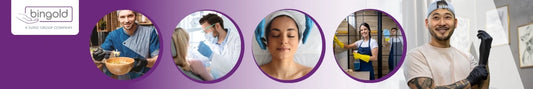 Werbebanner der Marke Bingold – „A KCL/Mapa Group Company“. Links oben das Bingold-Logo auf violettem Hintergrund. Darunter und rechts sind fünf kreisförmige Bilder zu sehen, die verschiedene Einsatzbereiche von Einweghandschuhen zeigen: ein Bäcker beim Kneten von Teig, ein Zahnarzt bei der Behandlung, eine Frau bei der Gesichtspflege im Spa, eine Reinigungskraft beim Putzen sowie ein tätowierter Mann mit schwarzem Einweghandschuh, der lächelnd in die Kamera blickt.