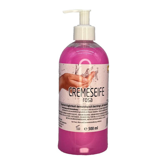 Eine 500ml Pumpflasche STERN Cremeseife rosa der Stern Waschmittel GmbH, die ideale Seife für alle Hauttypen. Auf dem deutschen Etikett steht "Handwäsche" und "sanfte Pflege".