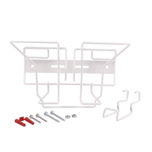 Ein weißes Metallgestell mit Befestigungsmaterial, ideal als Wand- & Trolleyhalterung für Oxivir Excel SoftPack Reinigungstücher von Diversey Deutschland GmbH & Co. OHG, Montageset für Wipes-Softpack (1 Stück).