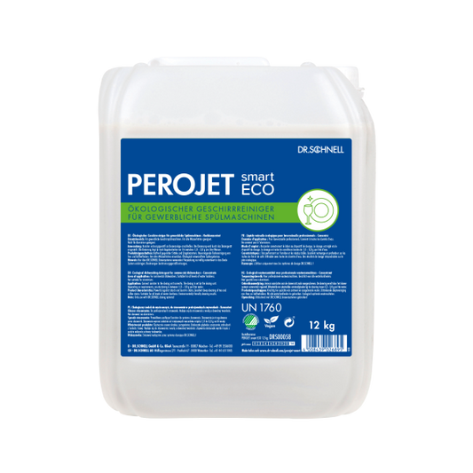 Ein weißer 12-kg-Kunststoffbehälter mit integriertem Griff und Schraubverschluss enthält Dr. Schnell PEROJET smart ECO Geschirrreiniger von DR.SCHNELL GmbH & Co. KGaA, mit blauem/grünem Etikett in deutscher Sprache und Angaben zum umweltfreundlichen Geschirrspülmittel.