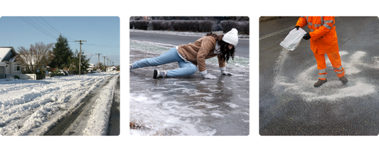 Drei Bilder: eine schneebedeckte Wohnstraße, eine Person in Winterkleidung, die auf dem Eis ausrutscht, und ein Arbeiter in orangefarbenem Overall, der Salz auf eine vereiste Straße streut.