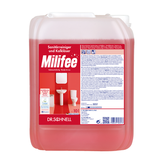 Ein großer roter Behälter mit Dr. Schnell Milifee gebrauchsfertigem Sanitärreiniger, hergestellt von DR.SCHNELL GmbH & Co. KGaA. Das Etikett enthält Text in deutscher Sprache und enthält Produktinformationen, Gebrauchsanweisungen und einen QR-Code. Darüber hinaus ist auf dem Etikett deutlich sichtbar ein Bild einer Toilette und einer Bürste zu sehen, um auf die EU-Umweltzeichen-Zertifizierung hinzuweisen.
