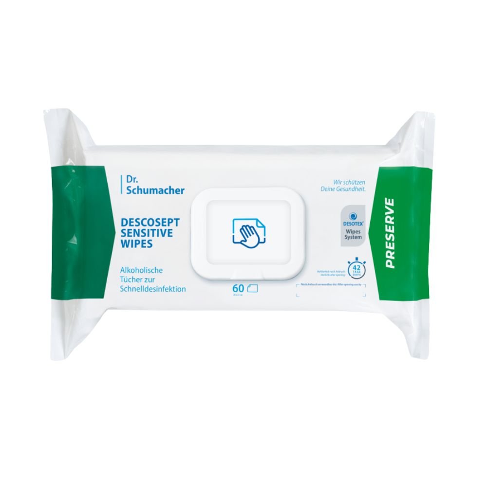 Opakowanie chusteczek dezynfekujących Dr. Schumacher Descosept Sensitive Wipes firmy Dr. Schumacher GmbH, przeznaczonych do szybkiej dezynfekcji. Na etykiecie zaznaczono, że są to chusteczki na bazie alkoholu, idealnie nadające się do czyszczenia średniej wielkości powierzchni. Opakowanie jest w większości białe z zielonymi akcentami i zawiera 60 chusteczek.