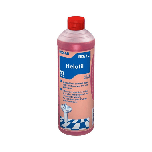 Eine 1-Liter-Flasche mit Auslaufartikel: Ecolab Helotil® Sanitär-Grundreiniger von Altruan, mit roter Kappe und blauem Etikett, enthält rote Flüssigkeit, geeignet für die Schwimmbadreinigung. Geliefert in Packungen zu 100 Stück mit mehrsprachiger Anleitung.
