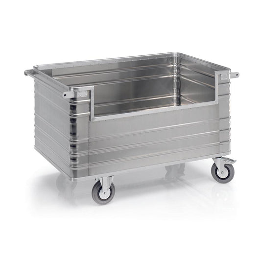 Der Novocal Transportcontainer mit Seitenwandausschnitt von Novocal ist ein großer, rechteckiger Container aus Material A mit gerippten Seiten, einer offenen Frontplatte und vier Lenkrollen. Wird als Einzelstück geliefert (1 Stück).