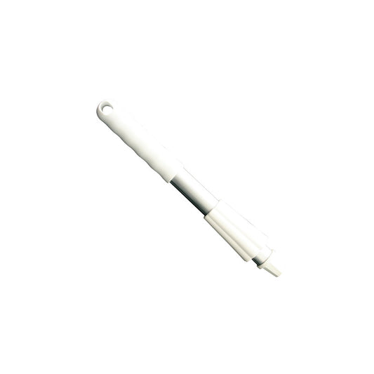 Die weiße Kunststoffzahnbürste mit abnehmbarem Griff ist mit einer 300 mm langen KURZ-ALUSTIEL KAPPE UND ÜBERWURFMUTTER der Haug Bürsten KG ausgestattet, um die Haltbarkeit zu erhöhen.