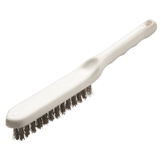 Die Haug Bürsten KG DRAHTBÜRSTE,EDELSTAHLDRAHT V4A ø 0,30MM HART (285x30x26mm) hat einen weißen Griff mit Aufhängeloch und dichte Borsten - ideal für die Metallreinigung. Abgebildet auf einfarbig weißem Hintergrund.