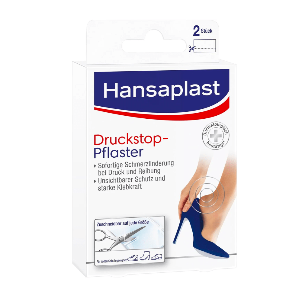 Opakowanie plastra Hansaplast Druckstop firmy Beiersdorf AG z wizerunkiem kobiecej stopy w wysokim obcasie, które obiecuje złagodzenie bólu spowodowanego naciskiem. Tekst jest po niemiecku i podkreśla ochronę.