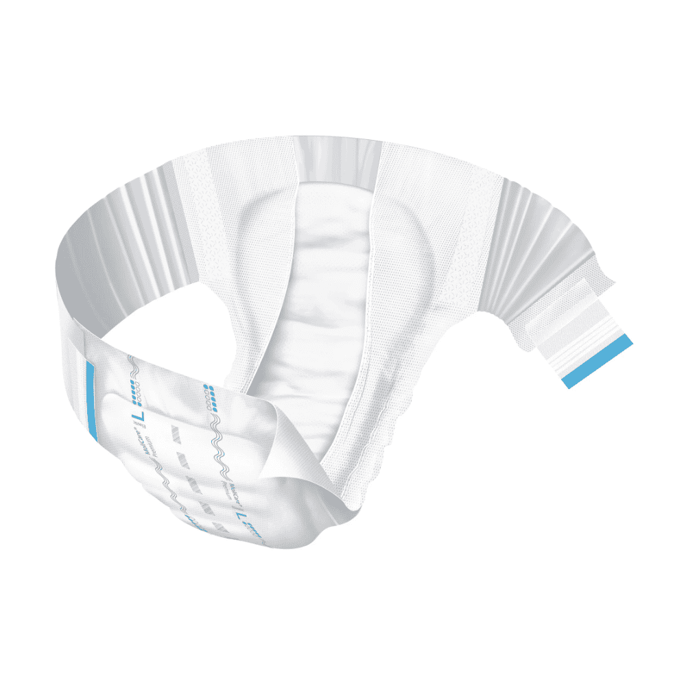 Pielucha dla dorosłych z linii Hartmann MoliCare® Premium Elastic firmy Paul Hartmann AG, o białym i niebieskim wzorze, została przedstawiona w zakrzywionym układzie na białym tle, co podkreśla jej właściwości chłonne i elastyczne.